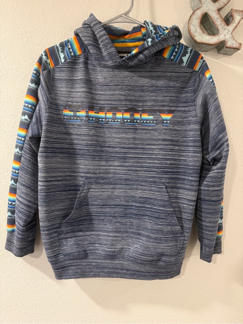 Hooey Gray-Blue Hooded Sweatshirt with Multicolor Southwestern Aztec Accents